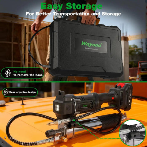 Cordless Grease Gun 12000 PSI Kit With 2 Rechargeable Batteries 39.4 Inch Flexible Hose LED Light Fast Charger Battery Powered