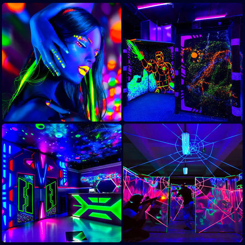 Super Bright UV Black Light 100W Flood Light With 10ft Power Cord IP66 Ultraviolet Stage Lighting For Halloween Parties DJ Club Neon Posters Glow In The Dark illuminating vibrant glow-in-the-dark art and scenes.