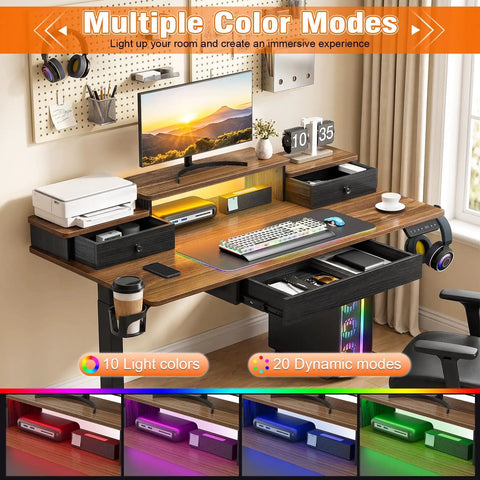 Sturdy Electric Lift Standing Desk With Drawers Built For Gaming And Home Office Grind, features colorful LED lights and adjustable height.