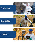 Images showcasing Tyvek 400 Disposable Lab Coat With Open Cuff Hood White Large 30 Pack in use for protection, durability, comfort.