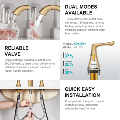 Top Notch Champagne Bronze Widespread Bathroom Faucet Three Hole Sink Tap With Dual Flow Spray Valve and Lead Free Design for Hassle Free Setup and A Smooth Finish That Really Delivers showcasing dual modes and installation features.