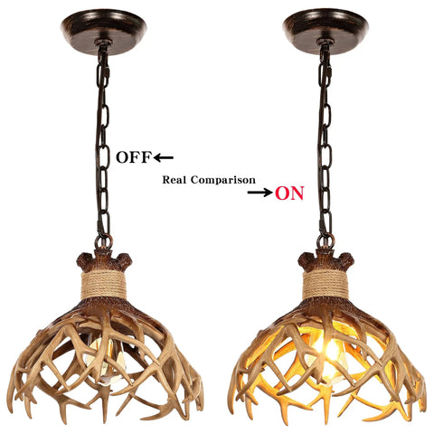 Rustic Deer Antler Pendant Ceiling Light With Aged Iron Accents, One E26 Base, showing light off and on comparison