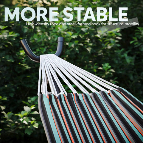 Heavy Duty Outdoor Hammock With Stand For Two People, 600 Lb Capacity featuring close-up of sturdy steel-framed hook and fabric