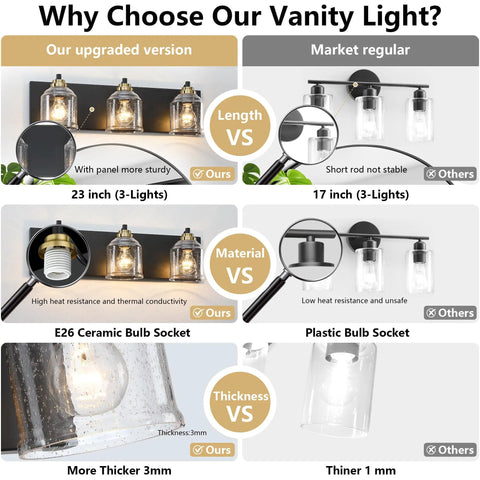 Comparison chart of 24 Inch Vanity Light With Black And Gold Finish versus standard market light, highlighting size, material, durability.