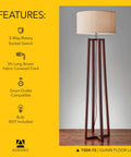Walnut Birch Wood Floor Lamp With Natural Linen Drum Shade Three Way Dimmable Light For Bedroom And Living Room Modern Minimalist Crisscross Base 60 Inch Tall Cozy Vibe For Home Decor with crisscross design on yellow background