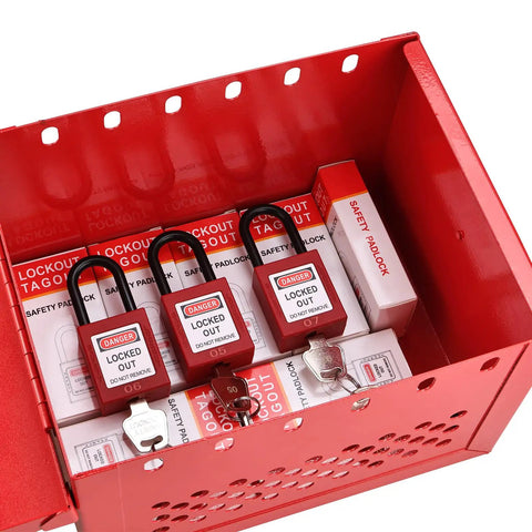 Heavy Duty Lockout Tagout Box for Group Lockout, 12 Padlock Capacity, Industrial Grade Steel, Red Portable LOTO Lock Box, open view.