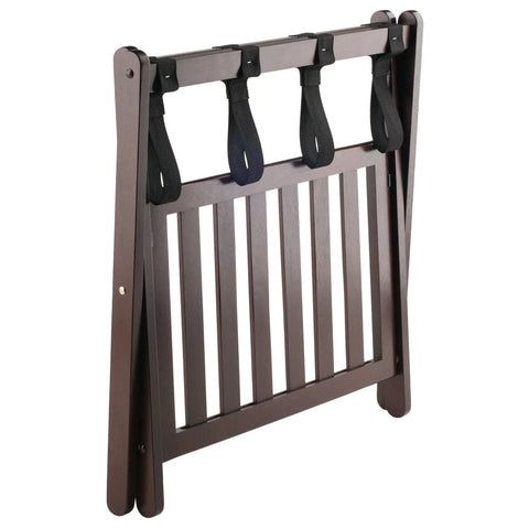Heavy Duty Foldable Luggage Rack Holds All Your Travel Bags With A Hella Sturdy Frame And A Fresh Cappuccino Finish, shown in upright position.
