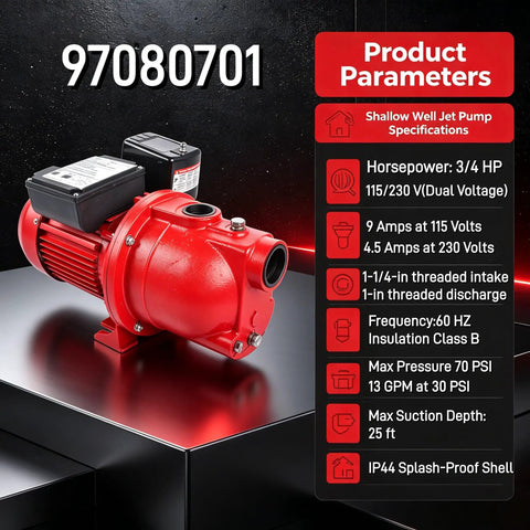 Heavy Duty Shallow Well Jet Pump Offering Kickin 3/4 HP Performance And A Straight 13 GPM Flow Rate With Zero Sweat Install, red cast iron construction.