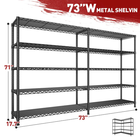 Beefy Heavy Duty 5 Tier Wire Shelving Unit, 73 Inch Wide, 71 Inch High, 17.7 Inch Deep, Garage Storage Solution, Commercial Grade Steel Shelves Holds Up To 1650 Lbs, Extra Wide Organization Rack, Easy Assembly black metal wire shelving