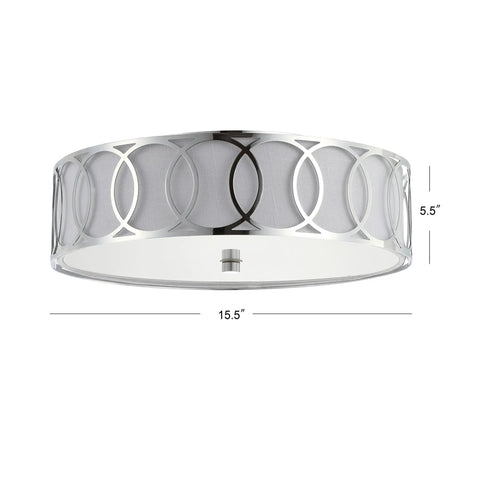 Dope Chrome Modern Metal LED Flush Mount Ceiling Light With White Linen Drum Shade And Geometric Fretwork Energy Saving Bulbs Included Ideal For Bedroom Or Hallway Durable Build Easy Installation, side view