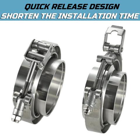 2.5 Inch Quick Release V Band Clamp And Flange Pair For Exhaust Turbo Downpipe with shiny 304 stainless steel finish.