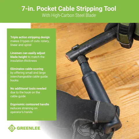Pocket Cable Stripping Tool with High Carbon Steel Blade in use, showing ergonomic grip and adjustable blade on wooden surface.
