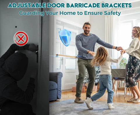 Heavy Duty Adjustable Door Barricade Brackets Forged From Solid Steel To Firmly Lock Down Any Interior Door And Block Sneaky Intruders From Messing With Your Setup Today in use, blocking access.