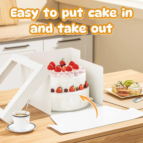 3 Pack Tall Cake Boxes With Clear Window 10x10x8 Inch Bakery Containers Including Thick Cardboard Boards Plus Decorative Stickers Straight Up Hits Different For Fresh Pastries with a cake inside on a table.