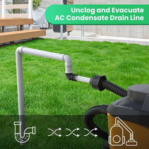 Universal Ac Drain Line Unclogger Tool And Hvac Pipe Cleaner Adapter attached to wet vacuum drain line on grass.