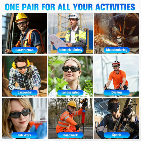 Diverse activities showcased with 30 Pack Tinted Safety Glasses With Dark Lens And Uv 400 Cover For Job Sites And Backyard Builds.