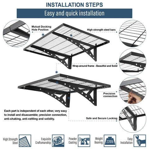Installation steps of Two Pack 2x3 Foot Wall Mounted Garage Storage Rack Set Heavy Duty Steel Wire Mesh Shelves with details.
