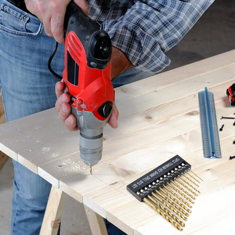 Person using drill with Titanium Coated Drill Bit Set With Hex Shank And 135 Degree Tip High Speed Steel Drill Bits nearby.