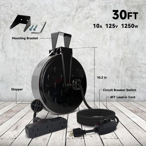 Go To 30 Ft Retractable Extension Cord Reel With 16/3 SJTW Power Cord And Three Outlets Ceiling Or Wall Mount 10 Amp Circuit Breaker