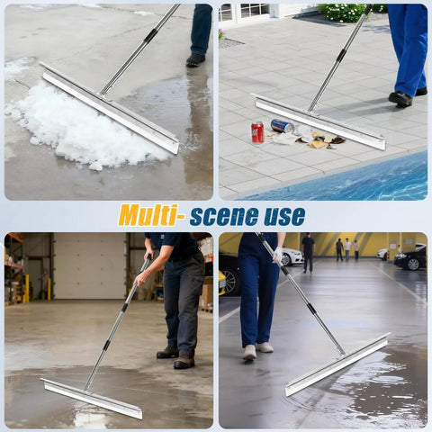 Industrial Floor Squeegee With 33.4 Inch Extra Large Blade And 63 Inch Stainless Handle For Concrete And Tough Cleaning Jobs Anti Splash Curved Baffle For Garage And Factory in use on various surfaces.