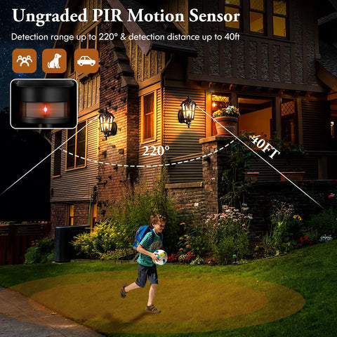 Child playing outside a house at night with 16 Inch 2 Pack Large Motion Sensor Outdoor Wall Lights Dusk To Dawn Porch Lights illuminating the area.
