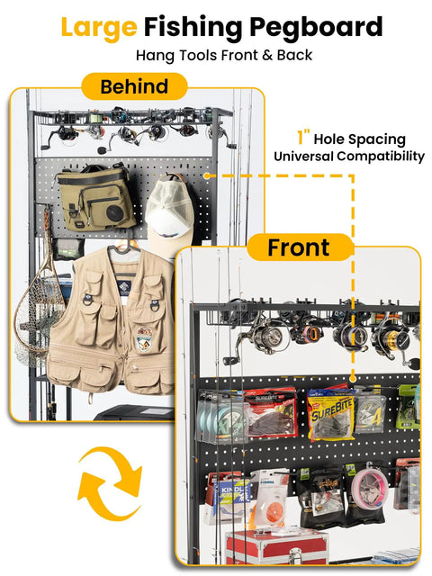 Garage Fishing Gear Rack With Four Tier Design And Top Reel Holder Holds Up To Six Spinning Reels Metal Top Basket For Fly And Water Drop Reels Pegboard Hooks Solid Wood Workbench Tackle Box Storage And Reel Rack Cart displaying pegboard with fishing tools and accessories.
