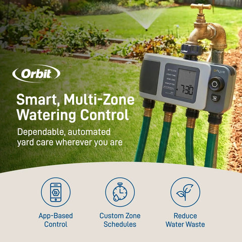Must-Have 4 Port Smart Hose Watering Timer With Wi-Fi Hub And WeatherSense Auto Watering attached to garden tap