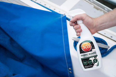 Boat Cover And Canvas Protector Spray 16 Oz Six Pack Restores Water And Stain Repellency Keeps Fabric Dry Resists Water Based And Oil Based Stains Will Not Alter Color Or Breathability on blue boat canvas