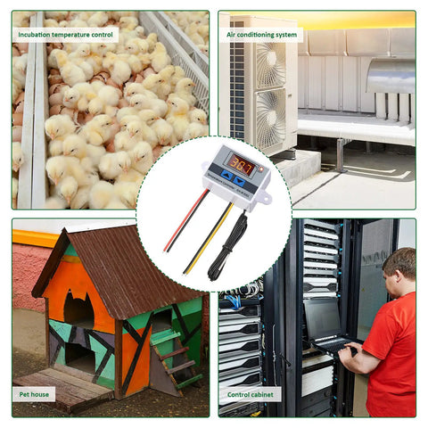 Digital LED Temperature Controller Module With Waterproof Probe, Programmable Thermostat used in various setups shown.