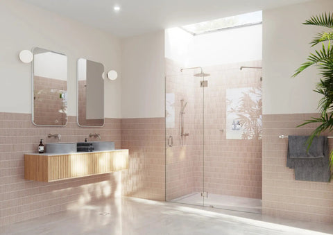 Frameless Shower Door Hinge With Enduroshield Glass Coating 78 Inch Tall By 57.75 Inch Wide Polished Brass Finish Easy Clean Shield For A Modern Low Maintenance Shower Enclosure on clear glass shower door