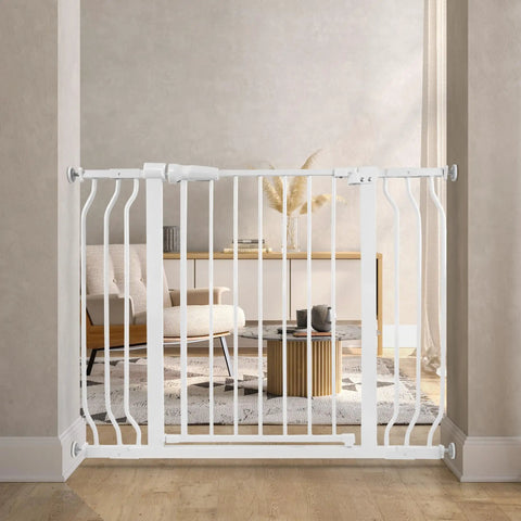 Walk Through Safety Gate For Doorways And Stairs 30 Inch Tall Fits 29.1 To 43.3 Inch Openings Auto Close Pressure Mounted No Screws White