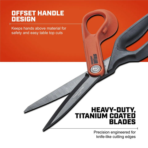 10 Inch Titanium Coated Offset Tradesman Shears For Cutting Leather, Wire, Cardboard Industrial Heavy Duty Utility Scissors Right Hand CW10T