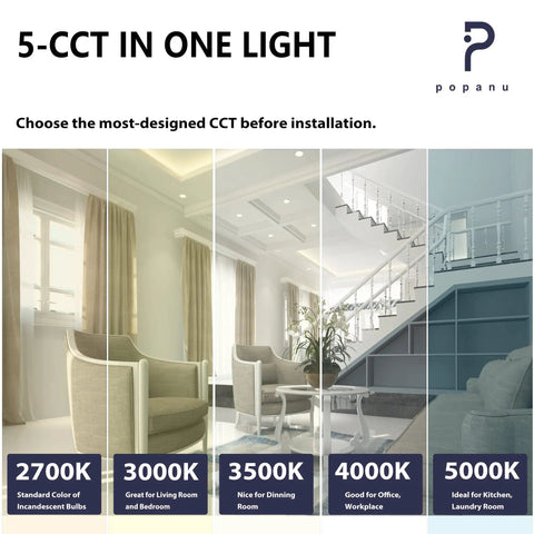Image showcasing 5 CCT options for Slim LED Canless Recessed Downlight 6 Inch, 12W, 1027 Lumens, adjustable light temperatures for various rooms
