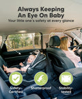Wide 360 Degree Crystal Clear Baby Car Seat Mirror showing rear-facing infant and parent, shatterproof backseat view, matte black.