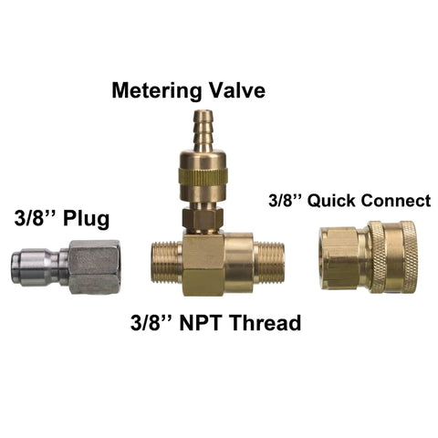 Adjustable Downstream Chemical Injector Kit For Pressure Washer With 3/8 Inch Quick Connector Soap Injector 10 Ft Tubing Filter And Black Soap Nozzle Plus Up To 3200 PSI components with valve, plug, and connector