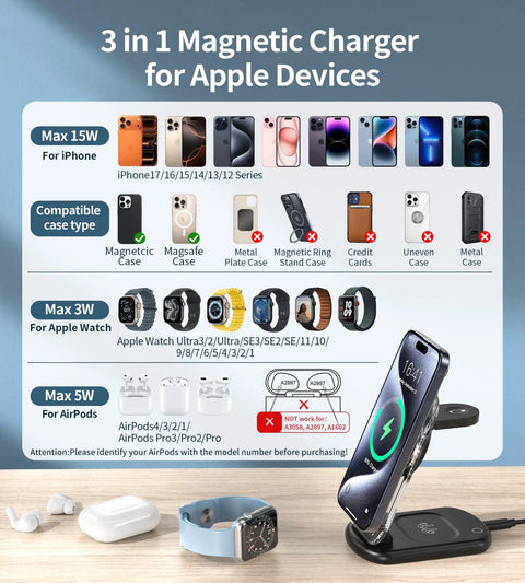 3 In 1 Magnetic Wireless Charging Station With MagSafe Foldable Travel Charger Stand And Night Light for Apple devices
