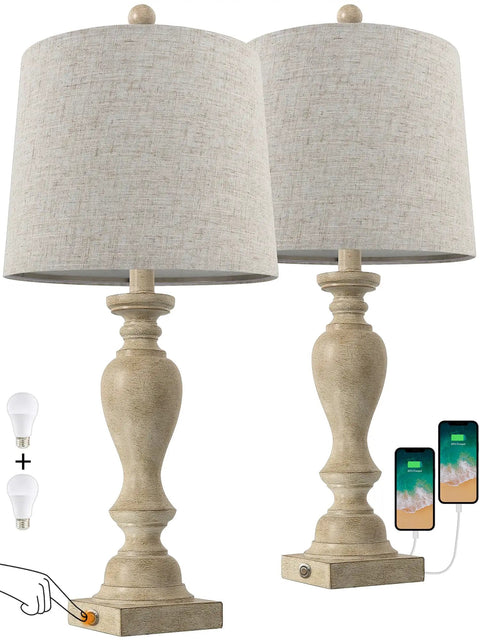 Cozy Farmhouse Vibe 25.75 Inch 3 Way Dimmable Table Lamp Set Of 2 with USB ports and touch control, showing charging phones.