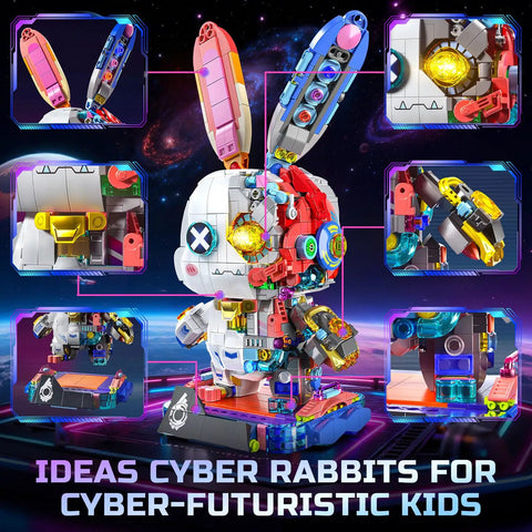 Cyberpunk Bunny Building Set With 1377 Pieces Lighting LED Eyes Exposed Gears And Lit Parts Create A Futuristic Robo Rabbit Model Kit For Kids Aged 8 To 12 With Multi Joint Flexible Head Ears Hands And Feet, front view