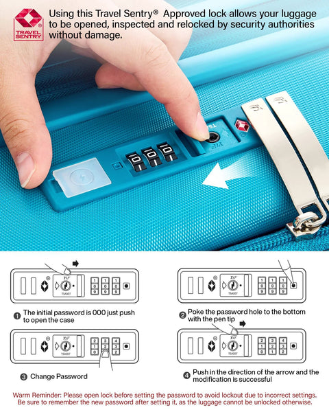 TSA-approved lock on expandable carry-on roller suitcase, showing how to set the combination securely.