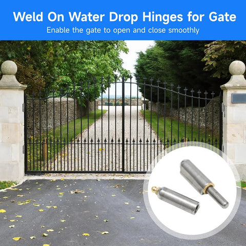Elegant driveway gate with 5 Pack Water Drop Gate Hinges For Metal Doors inset, gray steel, copper pad, ideal for outdoor use.