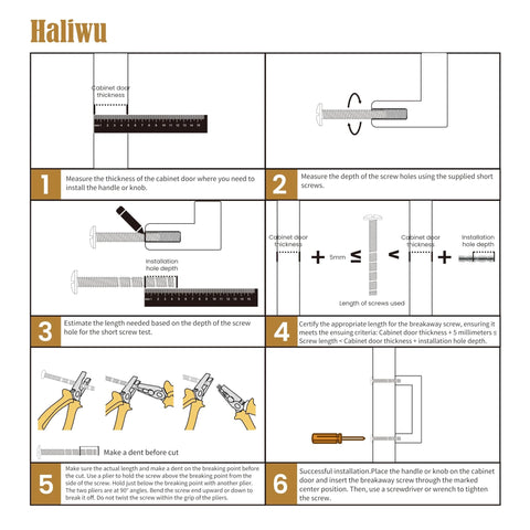 Installation guide for Brass Gold Cabinet Handles 30 Pack 5 Inch Hole Center Drawer Pulls Modern Bar Style with measurement steps.