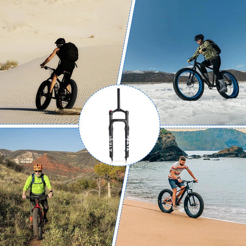 Riders on diverse terrains with Fat Tire 26x4.0 Inch MTB Air Suspension Fork, featuring ultralight build and 120mm travel.