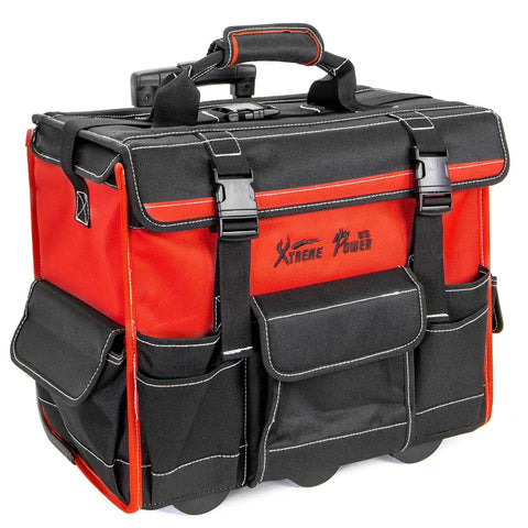 Rolling Tool Bag Organizer With Wheels in red and black 600D polyester, featuring wide compartments and adjustable telescoping handle.