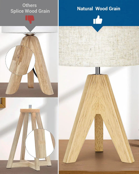 Boho Wood Tripod Table Lamp With Linen Fabric Shade For Nightstand Or Bedside Use Cozy Warm Glow For Living Room Bedroom Nursery Or Kids Room Fourteen Point Two Inch Tall With Simple On Off Switch, showing close-up of natural wood grain and beige linen shade.