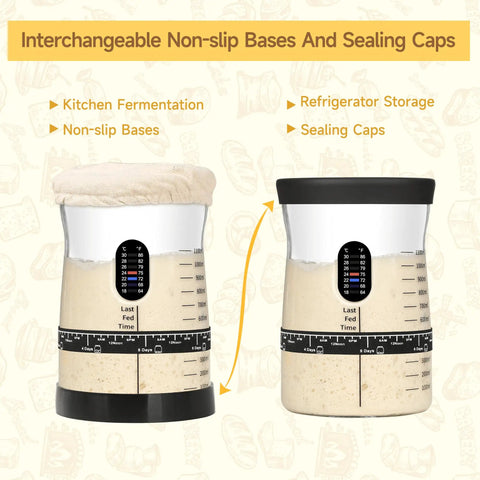 Large Capacity Sourdough Starter Kit With 50oz Jar And 17 Flavorful Fermentation Recipes showing two jars with non-slip bases and sealing caps