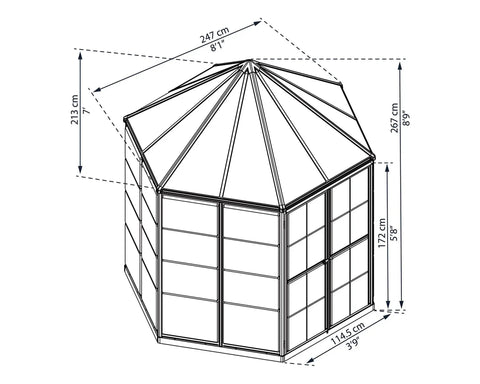 Illustration of Hexagon Walk In Greenhouse Kit With Aluminum Frame And Heavy Duty Polycarbonate Panels, 7x8 ft dimensions