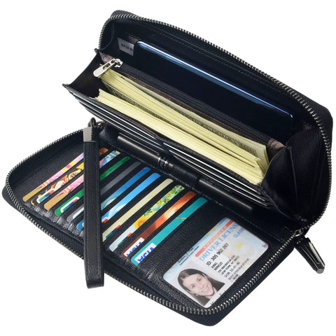 Women RFID Blocking Leather Wallet Zip Around Phone Clutch with large capacity, 17 card slots, ID window, passport holder, stylish black