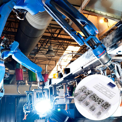 Industrial setting with machinery and a close-up of a 600 Piece Stainless Steel Spring Washer And Spacer Kit Silver Finish Prevents Loosening In Vibration
