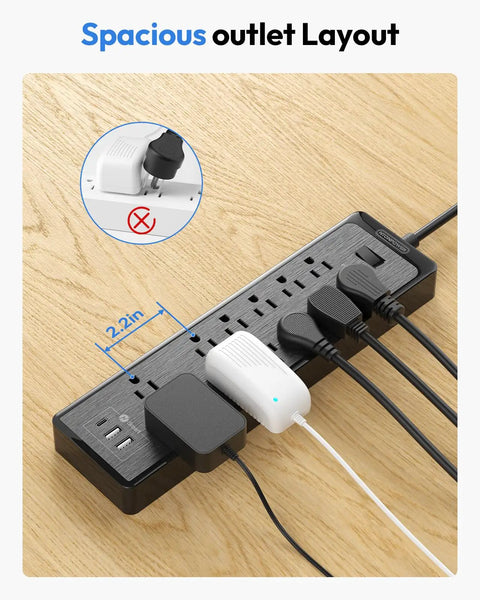 15 Ft Extension Cord Flat Plug Surge Protector Power Strip With USB, 12 Outlets, shown on wooden surface