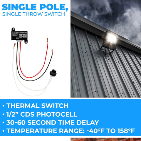 Weatherproof No Brainer Dusk To Dawn Photoelectric Sensor Switch for outdoor use, shown with wire connections and mounted light on building.